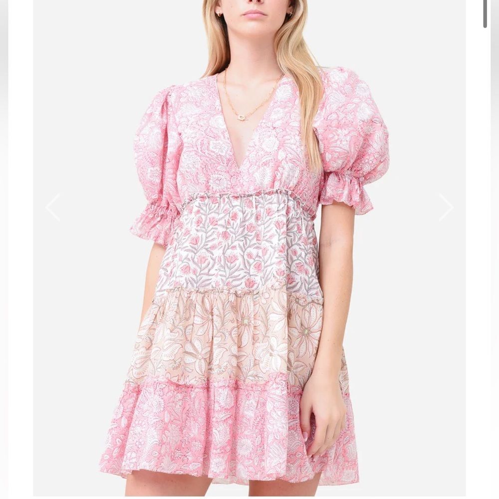 NEW SAYLOR Mini Dress Sz L Leigha Puff Sleeve Floral Boho Pink Baby Doll Garden - Picture 7 of 15